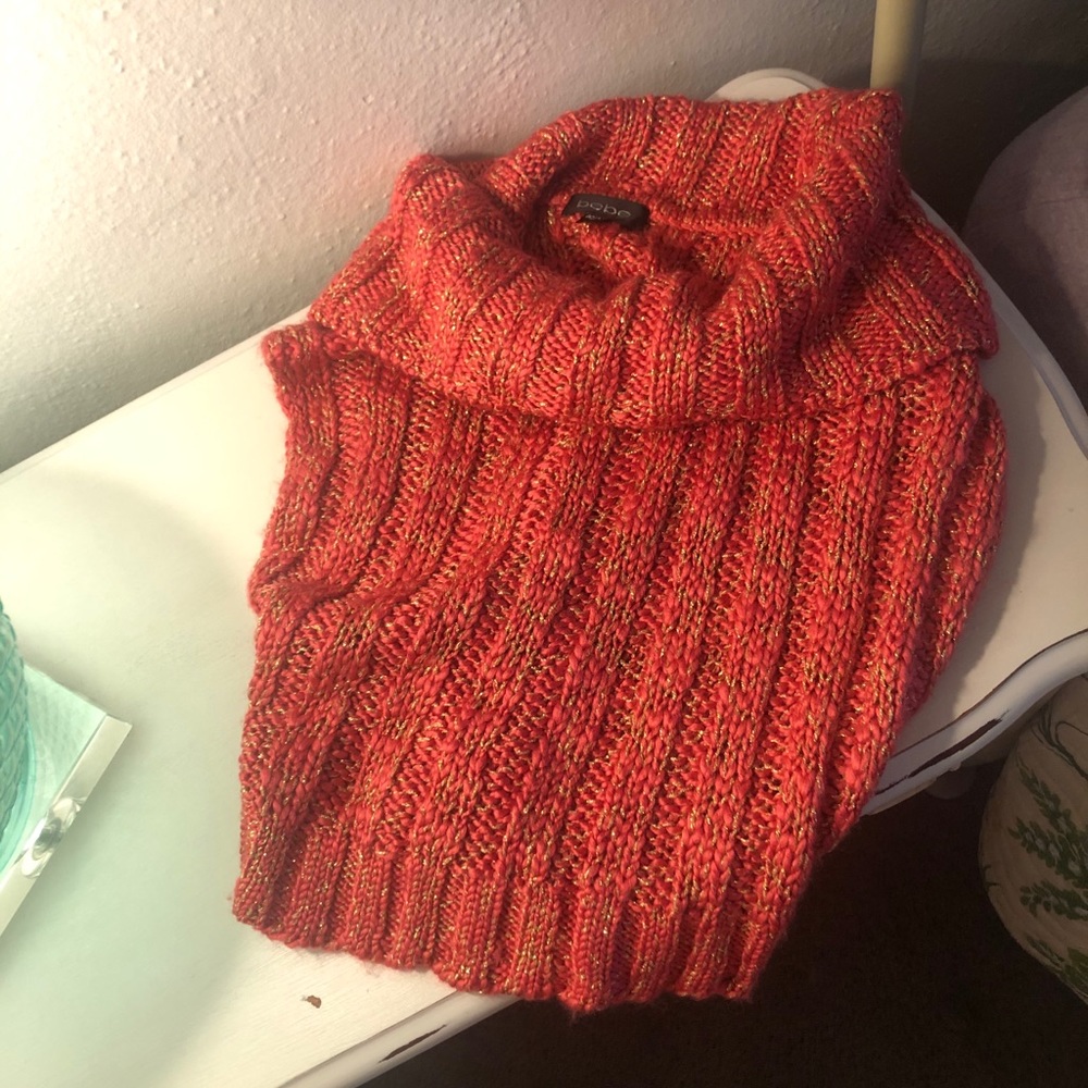 Bebe Coral and Gold Cowl Neck Crop Sweater - Picture 2 of 6